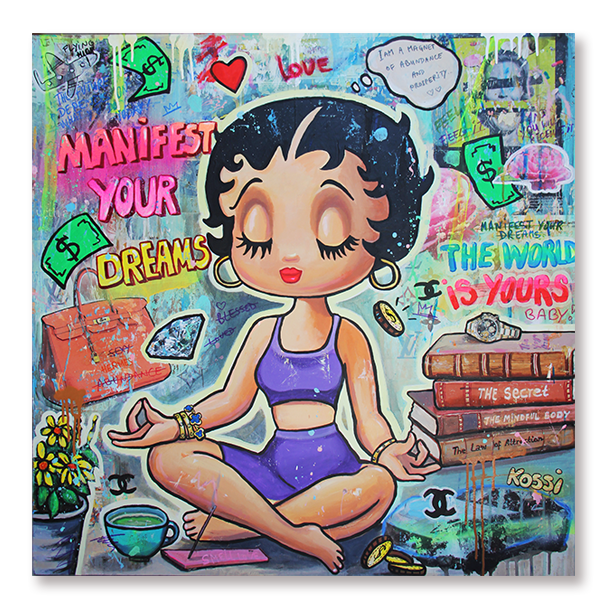 Betty Boob- Manifest Your Dreams - Betty Boob sitting in yoga pose - kossiart