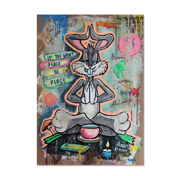 Bugs Bunny sitting in yoga meditation artwork depicted in vibrant pop art style