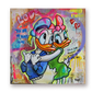 Pop art painting of Donald Duck and Daisy Duck in love depicted in vibrant style.