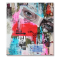 Abstract pop art featuring eyes and parts of a female face against a vibrant, colorful background, created in graffiti style by Kristin Kossi. The artwork reflects the hidden aspects of the fashion world.