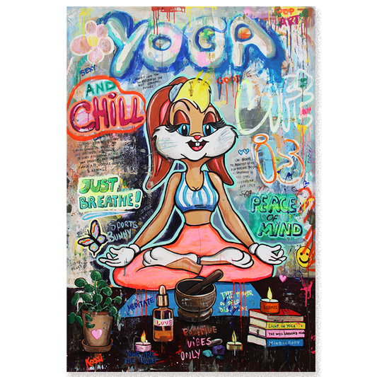 Yoga Bunny painting by Kristin Kossi: Lola Bunny in a yoga pose with happy eyes, surrounded by wellness items.