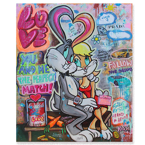 Bugs and Lola Bunny are depicted in vibrant pop art style sitting together happy in love on a bench